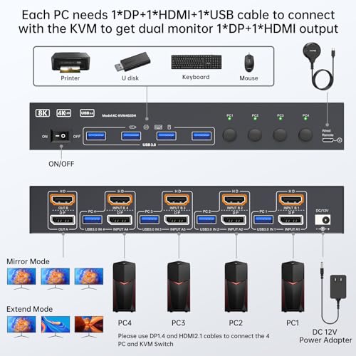 AOOCOO KVM Switch 4-way 5A 5V Normally Open Push Button Surface Mount Black