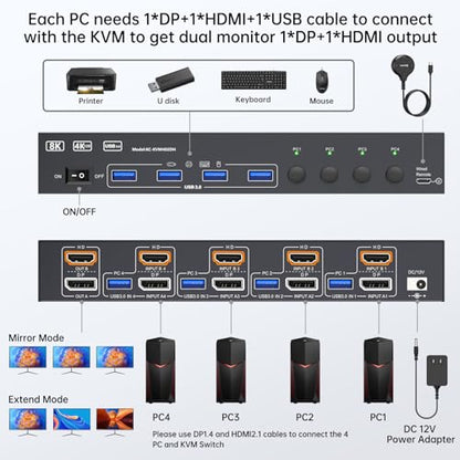 AOOCOO KVM Switch 4-way 5A 5V Normally Open Push Button Surface Mount Black