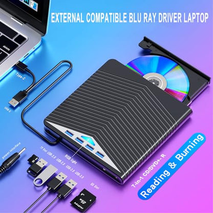 Dainty 7-in-1 External Blu-ray Drive BD-XL 100GB Compatible USB 3.0 Type-C with Hub Functionality