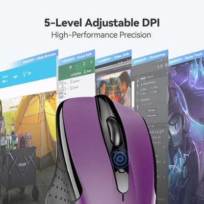 TECKNET 2.4G Ergonomic Optical Mouse 2600 DPI Wireless USB A Right-Handed Purple