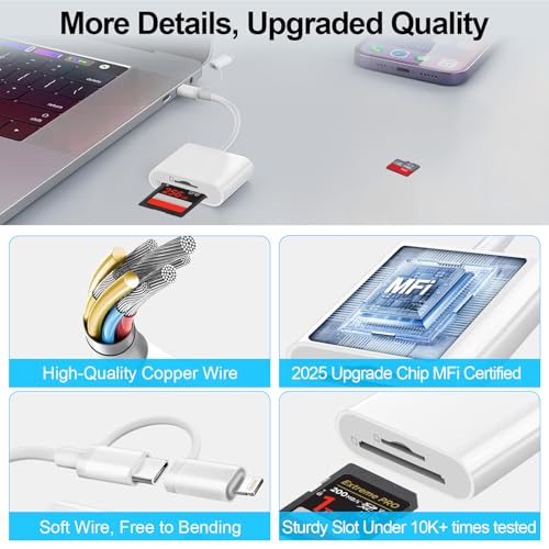 Denlane SD Card Reader Dual Connector Adapter for iPhone/iPad/Mac, USB C & Lightning, Plug & Play, Compatible with Various SD Formats
