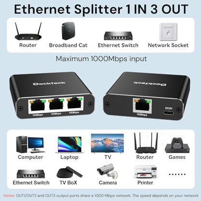 dockteck Ethernet Splitter 1 to 3 1000Mbps USB Powered RJ45 Network Adapter