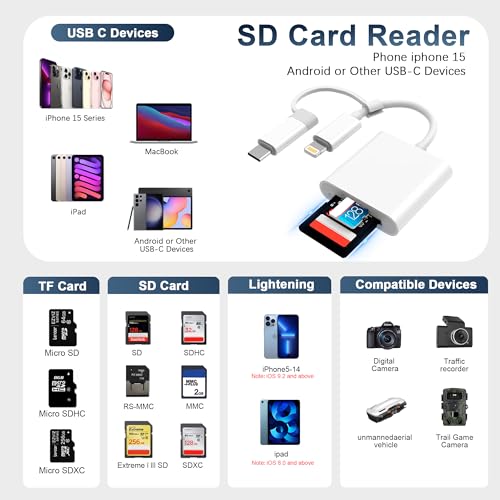DCNETWORK SD Card Reader Dual Connector 2 Slot USB Type C Lightning Compact White