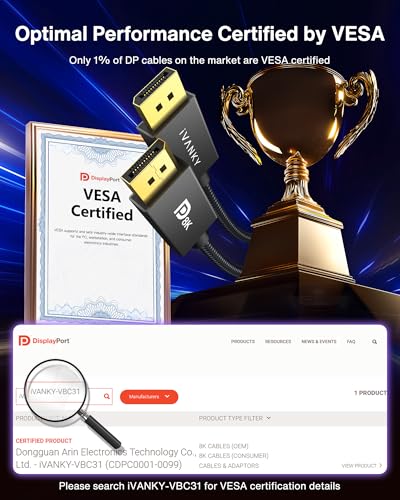 IVANKY 6.6ft VBC31 8K DisplayPort 1.4 Cable 32.4Gbps 144Hz Male-to-Male