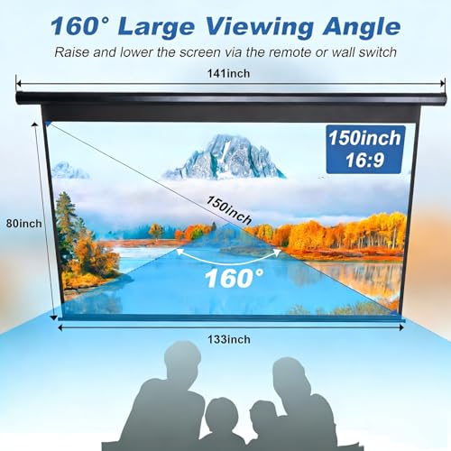 FRAYSCENT 150 Inch 150in(16:9)-Black Projector Screen Automatic Wall Mount Matte Composite
