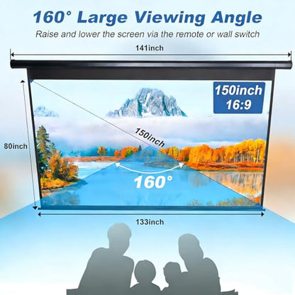 FRAYSCENT 150 Inch 150in(16:9)-Black Projector Screen Automatic Wall Mount Matte Composite