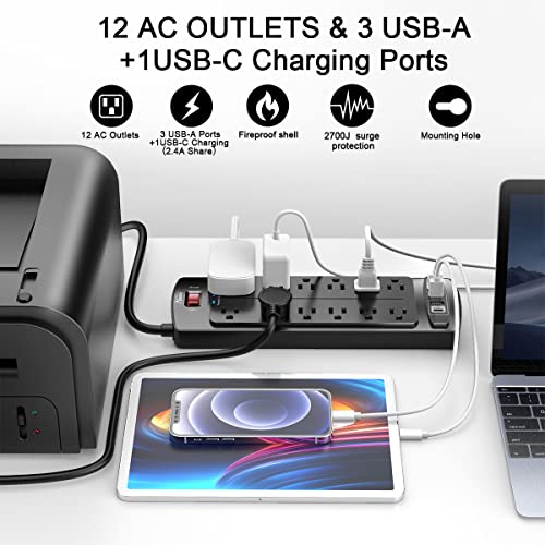 Alestor 6 Feet Power Strip PS951 12 Outlets 4 USB Ports 2700 Joules Surge Protection