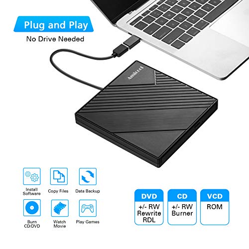 Amicool External DVD Drive Slim Portable USB 3.0 USB Type-C CD/DVD +/-RW Optical Drive Model A11