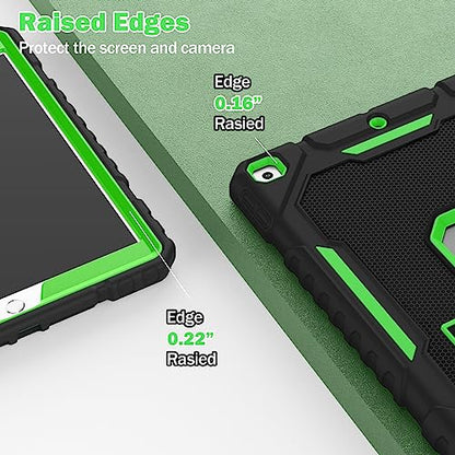 ZoneFoker Case for iPad (9th Gen 2021 / 8th Gen 2020 / 7th Gen 2019) 10.2 inch, Heavy Duty Protection Case with Built-in Kickstand, Black+Green