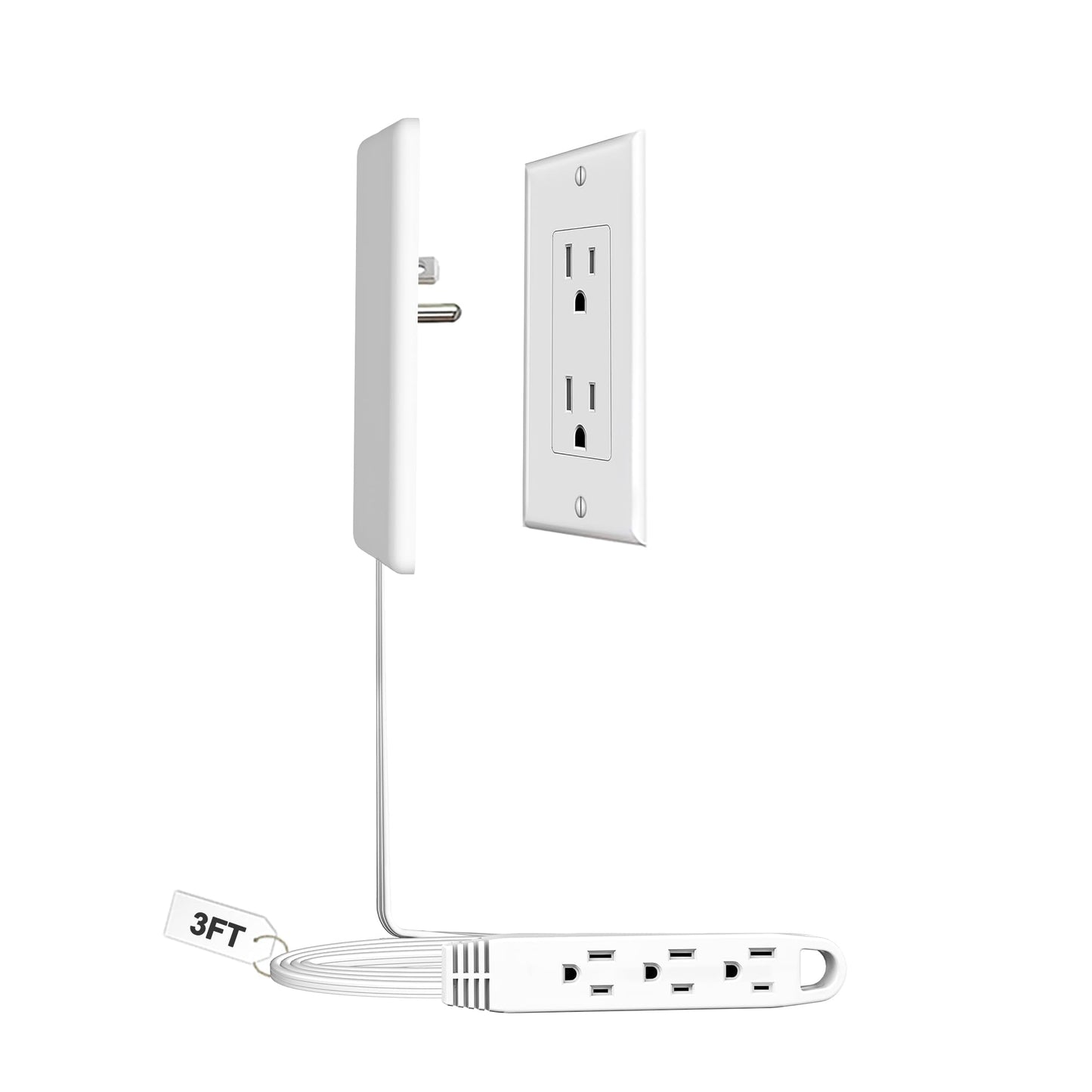 CABOCASA 3FT Extension Cord Power Strip with 3 Outlets and Detachable Cover, Model C101, 125 Volts