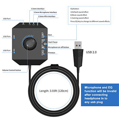 Tendak 3.93ft USB Hub CP-040-BK-Br 5.1 Surround Sound Stereo External Sound Card 48KHz 120dB