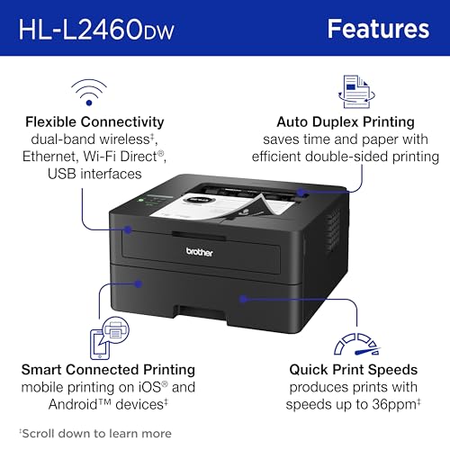 Brother HL-L2460DW Monochrome Laser Printer 1200 x 1200 DPI Automatic Duplex 36 ppm