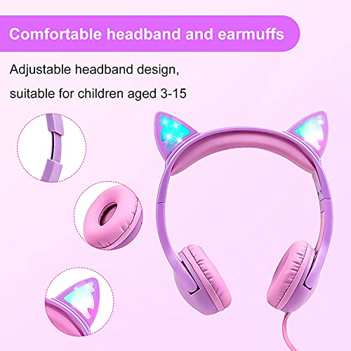 Olyre K06 Cat Ear Kids Headphones, 85dB Volume Control, On-Ear, Wired, 30mm Dynamic Driver System, Water Repellent, Purple
