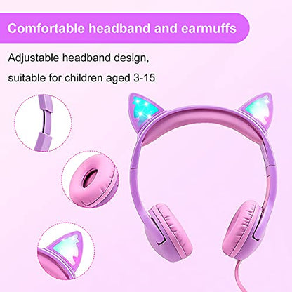 Olyre K06 Cat Ear Kids Headphones, 85dB Volume Control, On-Ear, Wired, 30mm Dynamic Driver System, Water Repellent, Purple