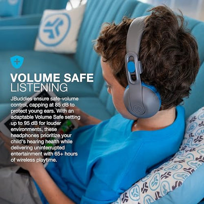 JLab JBuddies Studio 2 Wireless Headphones - Model HBKSTU2RGRYBLU122 - 65+ Hour Battery Life - On-Ear Design - Adjustable - Volume Limiter - Noise Isolation - Grey/Blue