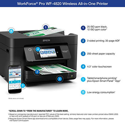 Epson Workforce Pro WF-4820 Inkjet All-In-One Printer, 4800x2400 DPI, 25 ppm, Color Output