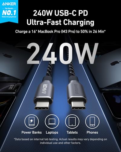 Anker 6 Feet A88E2 USB Type C Male-to-Male Cable 480 Mbps Data Transfer 240W Power Delivery USB-IF Compliant