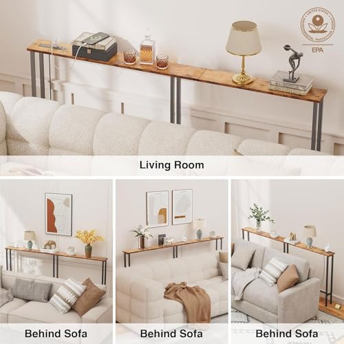 Keelian 78IN ST-78-01 Console Table with Power Outlets & USB Ports, Metal Frame, Rustic Brown
