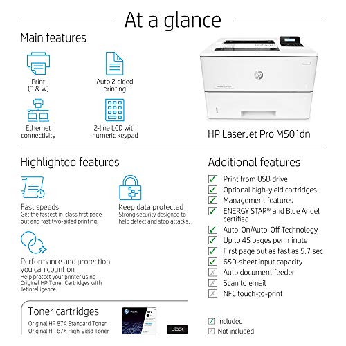 HP LaserJet Pro M501dn Monochrome Laser Printer with Duplex Printing, 600 x 600 dpi, 43 ppm