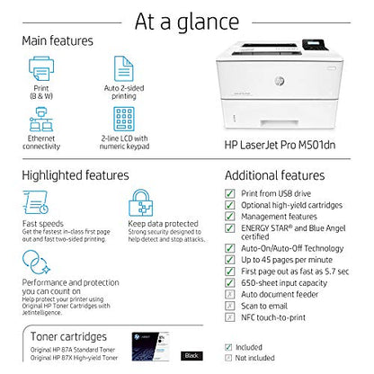 HP LaserJet Pro M501dn Monochrome Laser Printer with Duplex Printing, 600 x 600 dpi, 43 ppm