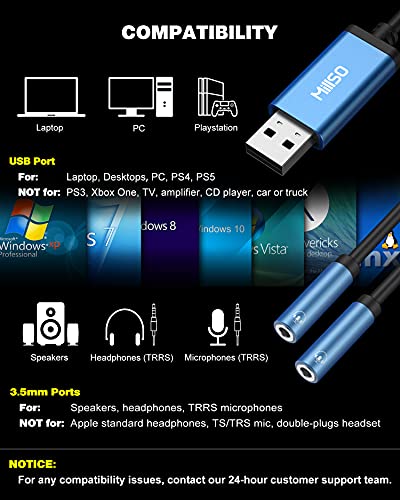 MillSO 1 Feet USB to Dual 3.5mm Audio Jack Adapter MUSB352FHY-30U Stereo Sound Card