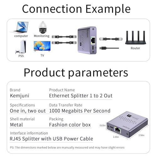 Kemjuni Ethernet Splitter 1 to 2 Powered Network Adapter 1000Mbps