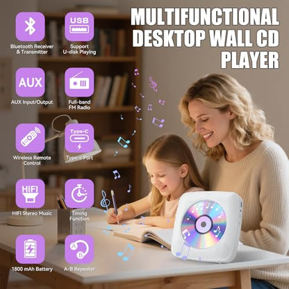 Gueray Portable CD Player Y-01 Bluetooth 5.0 2-Channel 1800mAh Audio CD Player