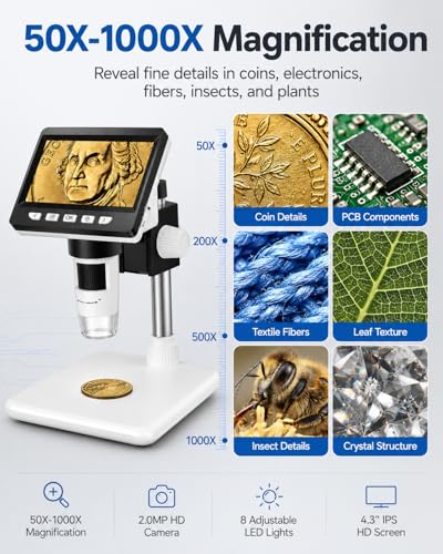 AOPICK 4.3" 307-B Digital Microscope 1000X USB-C Rechargeable LED