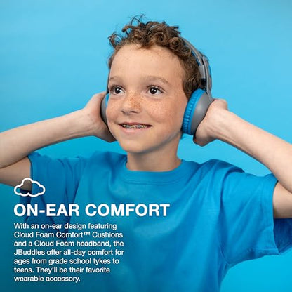 JLab JBuddies Studio 2 Wireless Headphones - Model HBKSTU2RGRYBLU122 - 65+ Hour Battery Life - On-Ear Design - Adjustable - Volume Limiter - Noise Isolation - Grey/Blue