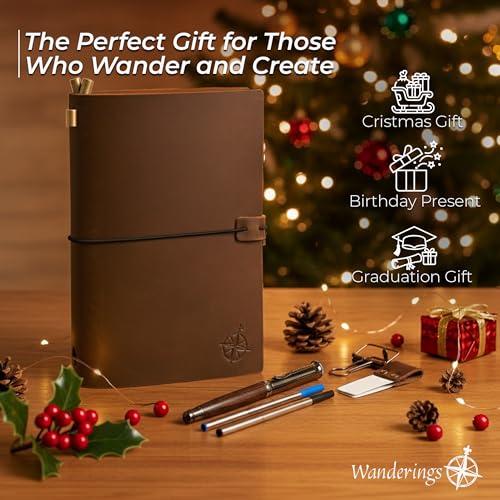 WANDERINGS A5 Travelers Notebook Bundle – 5.5" x 8.3" – Full-Grain Leather Journal with Pen Holder, Rollerball Pen, 3 Ink Refills, PVC Folder & Binder Clip