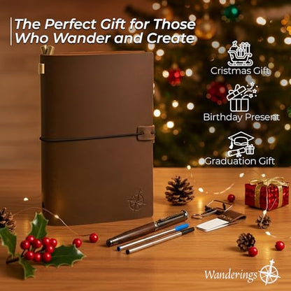 WANDERINGS A5 Travelers Notebook Bundle – 5.5" x 8.3" – Full-Grain Leather Journal with Pen Holder, Rollerball Pen, 3 Ink Refills, PVC Folder & Binder Clip