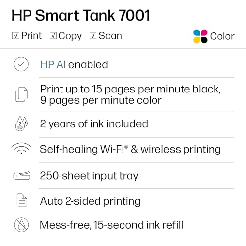 HP Inkjet All-in-One Printer Smart Tank 7001 Auto-Duplex Wireless Color Copier Scanner 4800x1200dpi