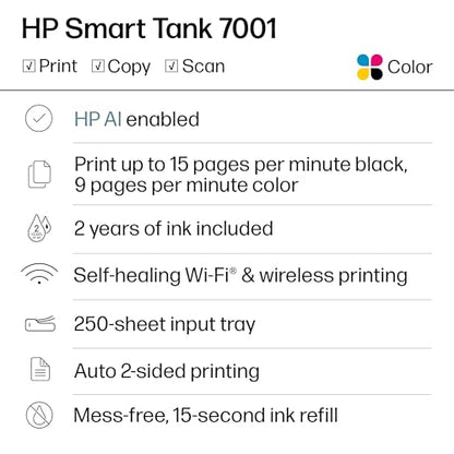 HP Inkjet All-in-One Printer Smart Tank 7001 Auto-Duplex Wireless Color Copier Scanner 4800x1200dpi