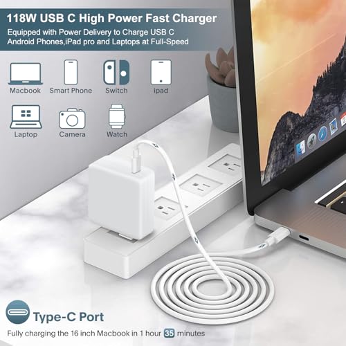ixcv 118W PD-118W Power Adapter USB Type C Charger Compatible with MacBook Pro 16" M3 2023, Air 15" M3 2024 and More USB-C Devices