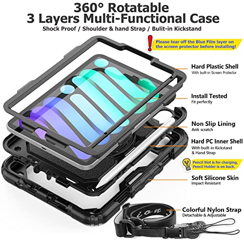 SEYMAC Stock Case for iPad Mini 6/7 2021/2024 with Built-in Screen Protector, 360° Rotating Stand, Black