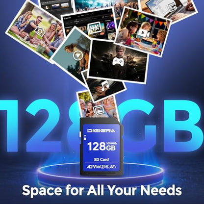 DIGIERA 128GB DGCS100 SDXC UHS-I Memory Card - Up to 100MB/s Read Speed, Class 10, U3, V30, Waterproof, Shockproof, Temperature Resistant