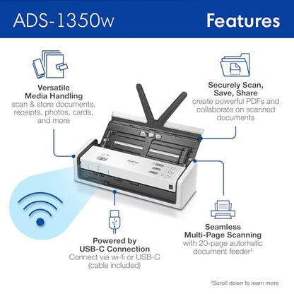 Brother ADS-1350W Document Scanner | 600 dpi | Compact design | USB, Ethernet, Wi-Fi Connectivity