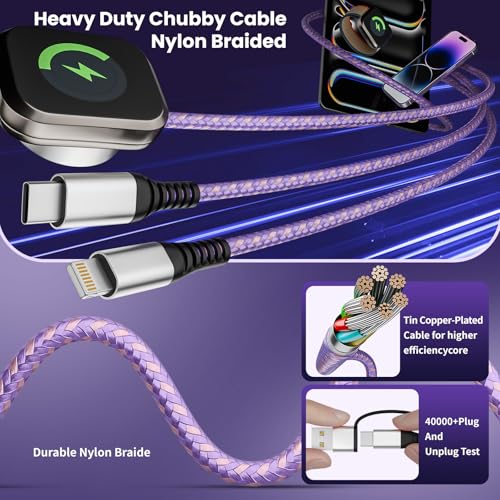 Jogrytece 5FT BYX-iWatch-Purple 3 in 2 USB Type A+C Multi Charging Cable