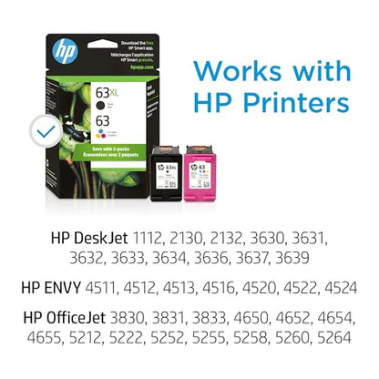 HP 63XL Black Ink Cartridge & 63 Tricolor Ink Cartridge, 2 Count, Genuine