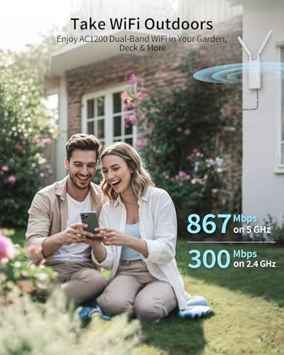 BrosTrend AC1200 Long-Range Outdoor WiFi Extender, Dual Band 5GHz + 2.4GHz, IP65 Waterproof, PoE Powered, 867 Mbps, 300 Mbps, Model AC1200 Outdoor WiFi Extender Booster