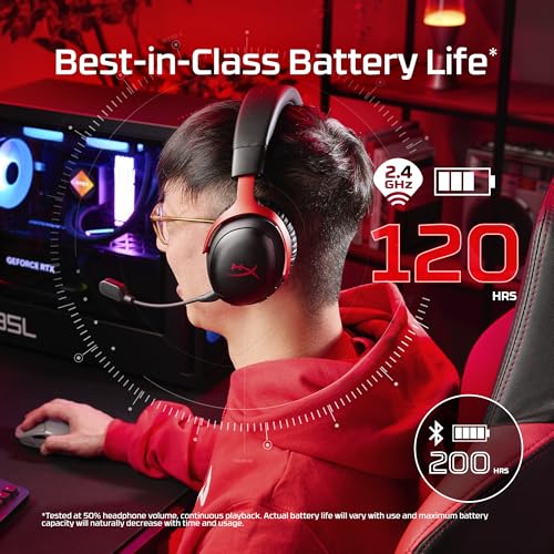 HyperX Wireless Headset A59YZAA, Bluetooth 5.0, 2.4GHz, Battery Life up to 120 Hours, 53mm Dynamic Drivers, Detachable Microphone – Black