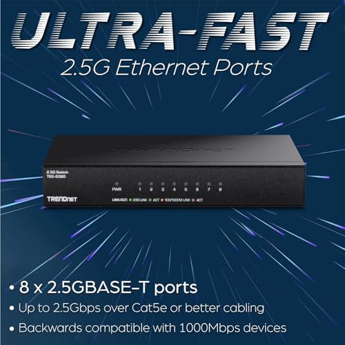 TRENDnet 8-Port 2.5Gb Switch TEG-S380, 8 x 2.5GBASE-T Ports, 40Gbps Switching Capacity, Fanless, 12V DC