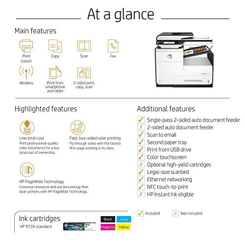 HP PageWide 377dw Color Multifunction Printer, Inkjet, 1200 x 600 dpi, Wireless Connection, Automatic Duplex