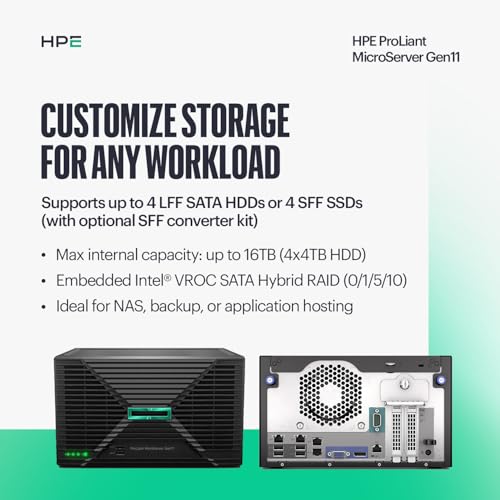Hewlett Packard Enterprise ProLiant MicroServer Gen11 1TB HDD, 16GB Memory, 3.7GHz Processor, Tower Server