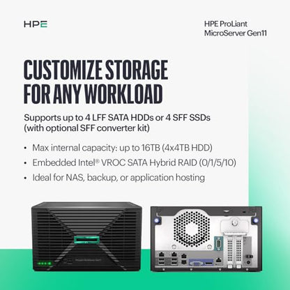 Hewlett Packard Enterprise ProLiant MicroServer Gen11 1TB HDD, 16GB Memory, 3.7GHz Processor, Tower Server