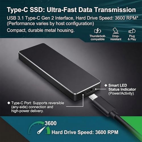 Portable SSD 2TB 256-Bit Encryption USB 3.1 Type-C External Storage