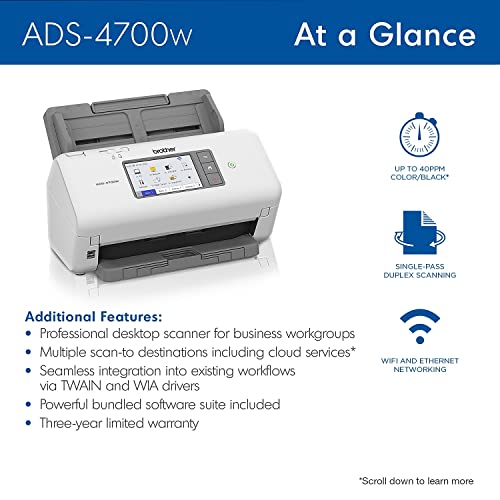 Brother ADS4700W Document Scanner Ethernet, USB, Wi-Fi 600 x 600 DPI 470 Watts