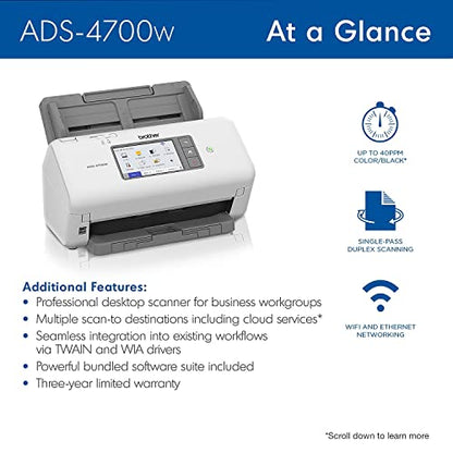 Brother ADS4700W Document Scanner Ethernet, USB, Wi-Fi 600 x 600 DPI 470 Watts