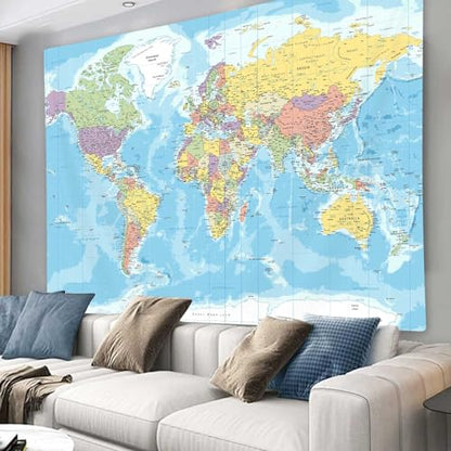 ICTEISOM 60" x 40" Tapestry Wall Hanging, Educational World Map, Fabric, Indoor Use, Rectangular, Unframed, Blue