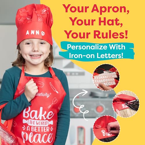 Baketivity Chef Hat and Apron Set for Kids One Size Adjustable Durable Fabric Kitchen Cooking Kit